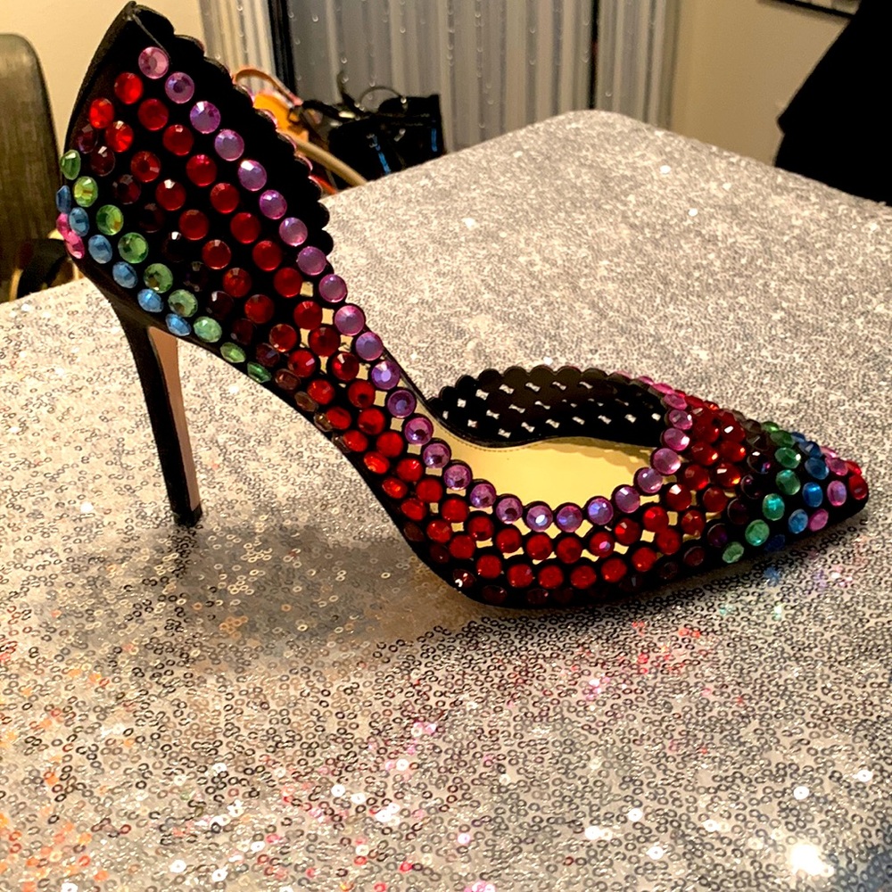 COPY - Jessica Simpson Preppi black micro suede heels with multicolour jewels. …